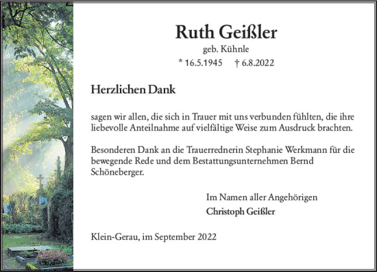 Traueranzeige von Ruth Geißler von vrm-trauer Groß-Gerauer Echo