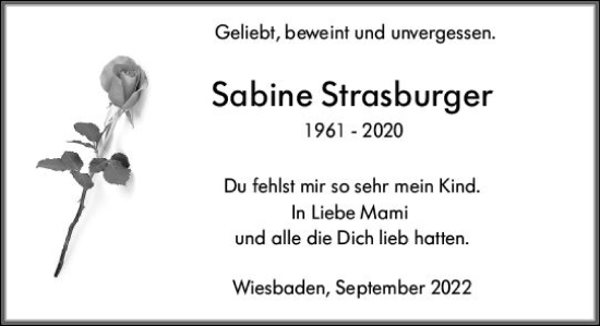 Traueranzeige von Sabine Strasburger von vrm-trauer Wiesbadener Kurier