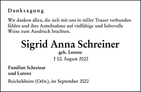 Traueranzeige von Sigrid Anna Schreiner von vrm-trauer Odenwälder Echo