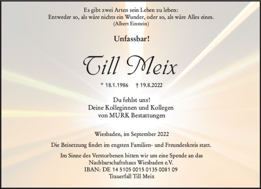  Traueranzeige für Till Meix vom 10.09.2022 aus vrm-trauer Wiesbadener Kurier
