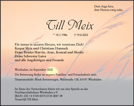 Traueranzeige von Till Meix von vrm-trauer Wiesbadener Kurier
