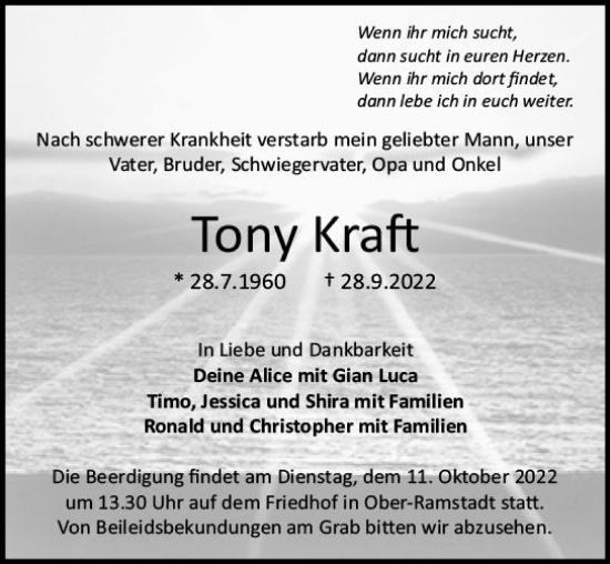 Traueranzeige von Tony Kraft von vrm-trauer Darmstädter Echo