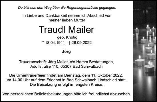 Traueranzeige von Traudl Mailer von vrm-trauer WK-UTA