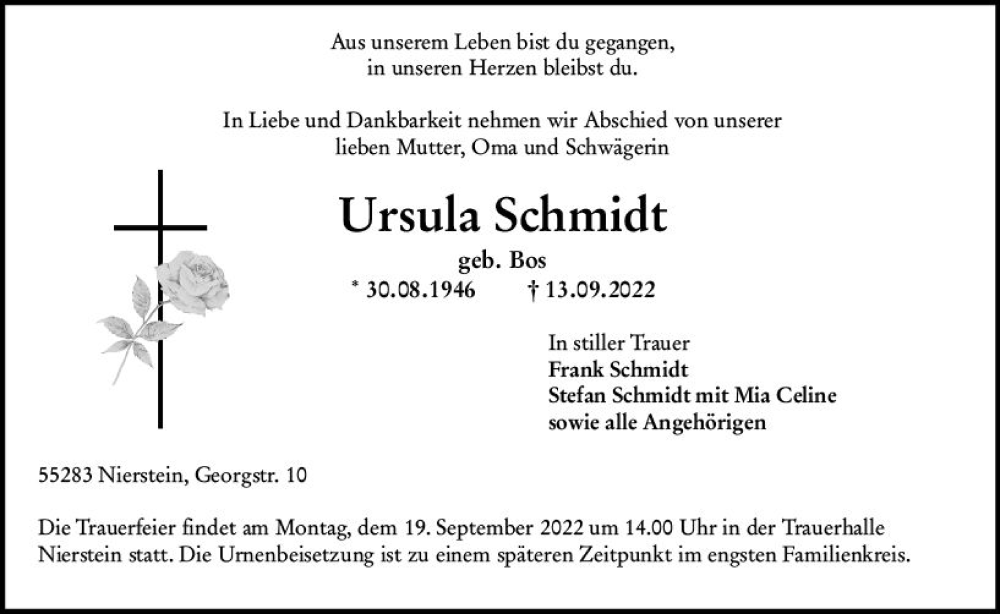  Traueranzeige für Ursula Schmidt vom 17.09.2022 aus vrm-trauer AZ Mainz