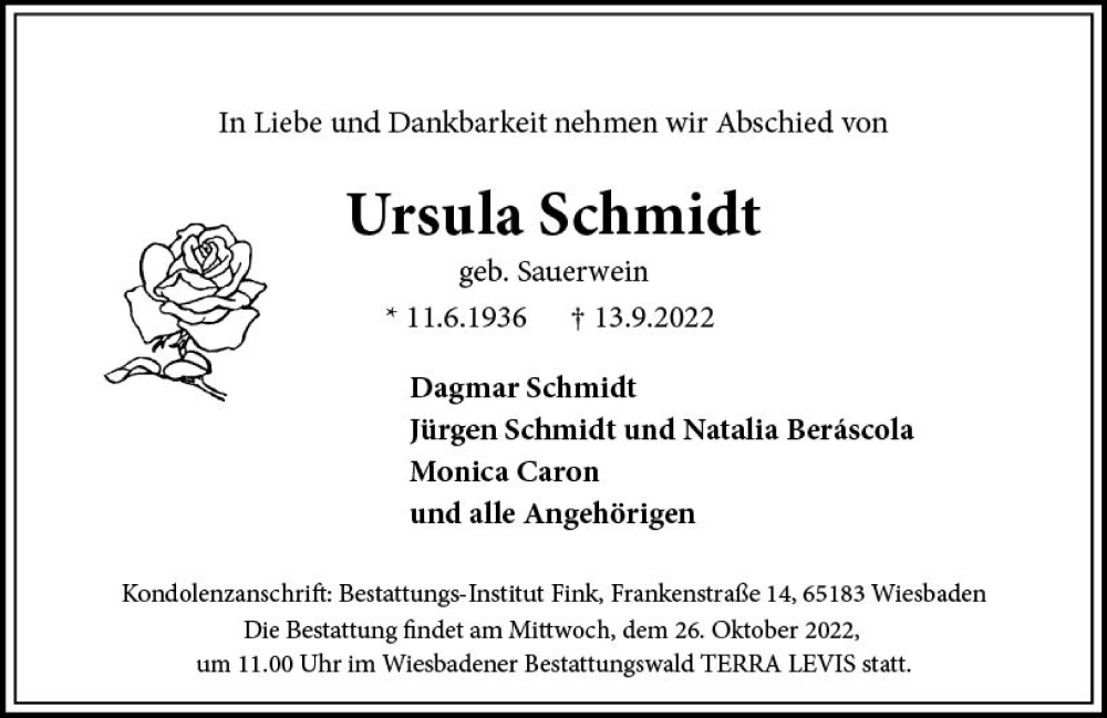  Traueranzeige für Ursula Schmidt vom 17.09.2022 aus vrm-trauer Wiesbadener Kurier