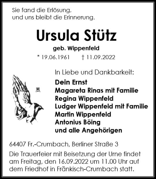 Traueranzeige von Ursula Stütz von vrm-trauer Odenwälder Echo