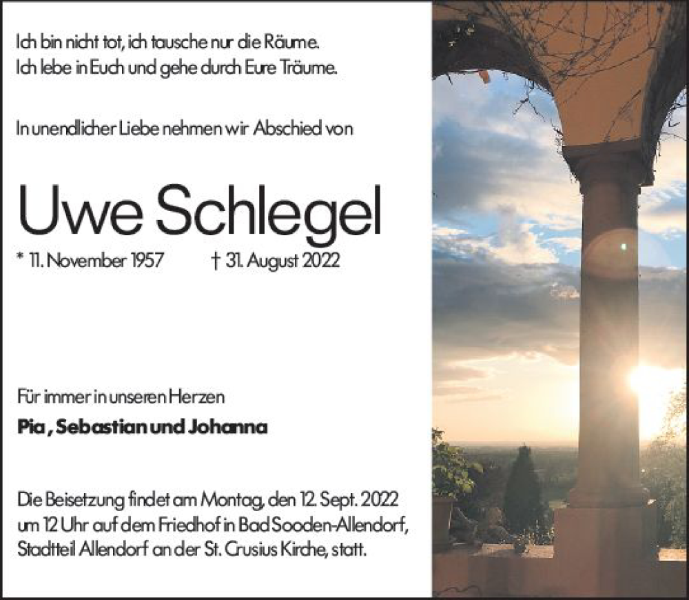  Traueranzeige für Uwe Schlegel vom 07.09.2022 aus vrm-trauer Darmstädter Echo