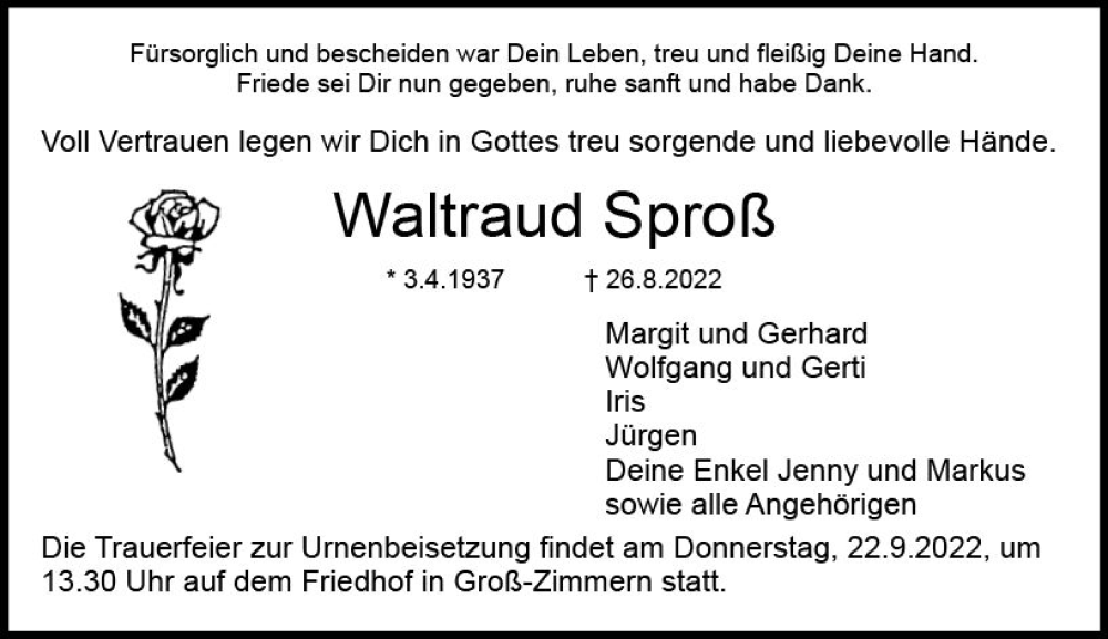  Traueranzeige für Waltraud Sproß vom 17.09.2022 aus vrm-trauer DieburgerAnzeiger/Groß-Zimmerner Lokala