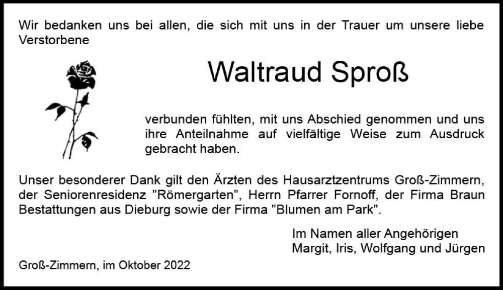  Traueranzeige für Waltraud Sproß vom 01.10.2022 aus vrm-trauer DieburgerAnzeiger/Groß-Zimmerner Lokala