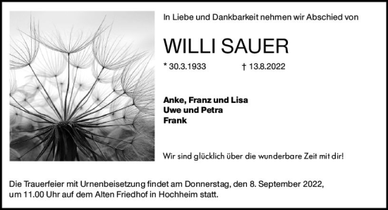 Traueranzeige von Willi Sauer von vrm-trauer Hochheimer Zeitung