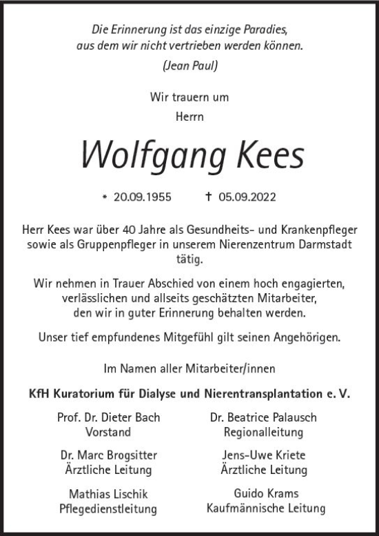 Traueranzeige von Wolfgang Kees von vrm-trauer Darmstädter Echo