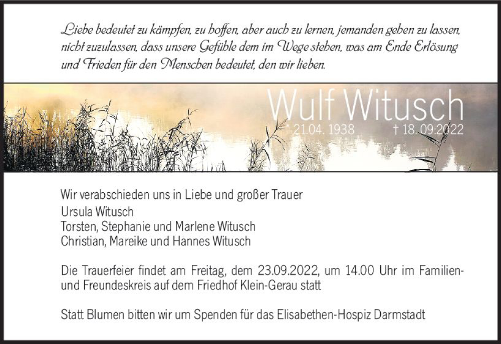  Traueranzeige für Wulf Witusch vom 21.09.2022 aus vrm-trauer Groß-Gerauer Echo