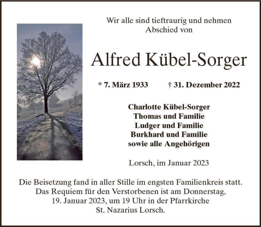  Traueranzeige für Alfred Kübel-Sorger vom 07.01.2023 aus vrm-trauer Wormser Zeitung