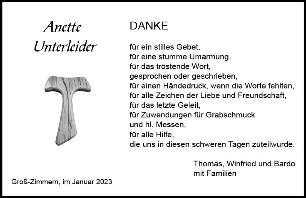  Traueranzeige für Anette Unterleider vom 07.01.2023 aus vrm-trauer DieburgerAnzeiger/Groß-Zimmerner Lokala