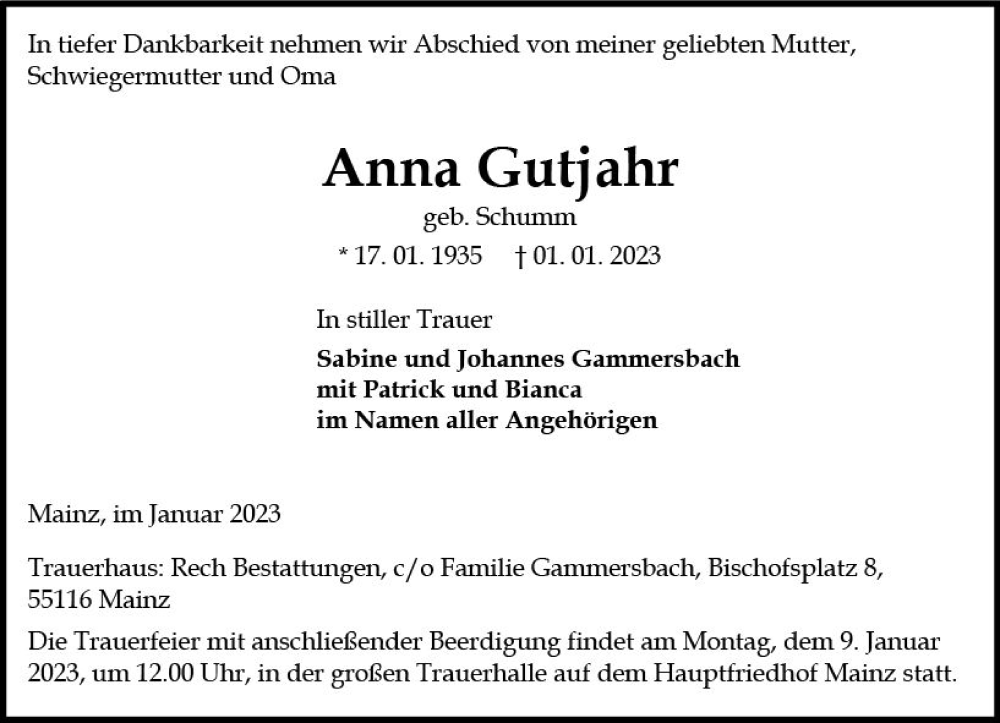 Traueranzeige für Anna Gutjahr vom 07.01.2023 aus vrm-trauer AZ Mainz