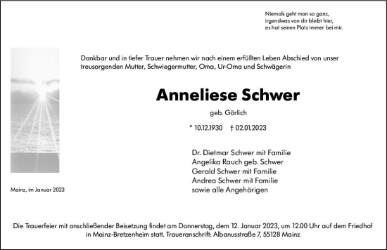 Traueranzeige von Anneliese Schwer von vrm-trauer AZ Mainz