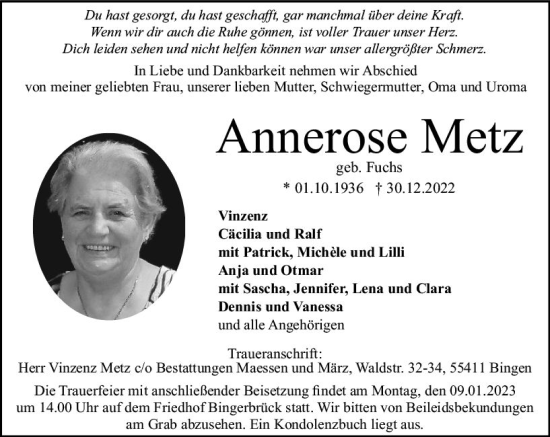 Traueranzeige von Annerose Metz von vrm-trauer Allgemeine  Zeitung Ingelheim-Bingen