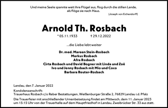 Traueranzeige von Arnold Th. Rosbach von vrm-trauer Allgemeine Zeitung Alzey