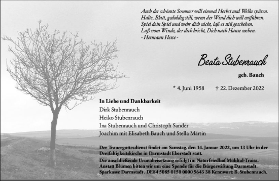 Traueranzeige von Beate Stubenrauch von vrm-trauer Darmstädter Echo