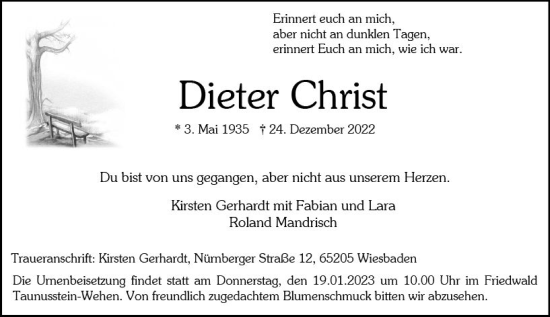Traueranzeige von Dieter Christ von vrm-trauer Wiesbadener Kurier