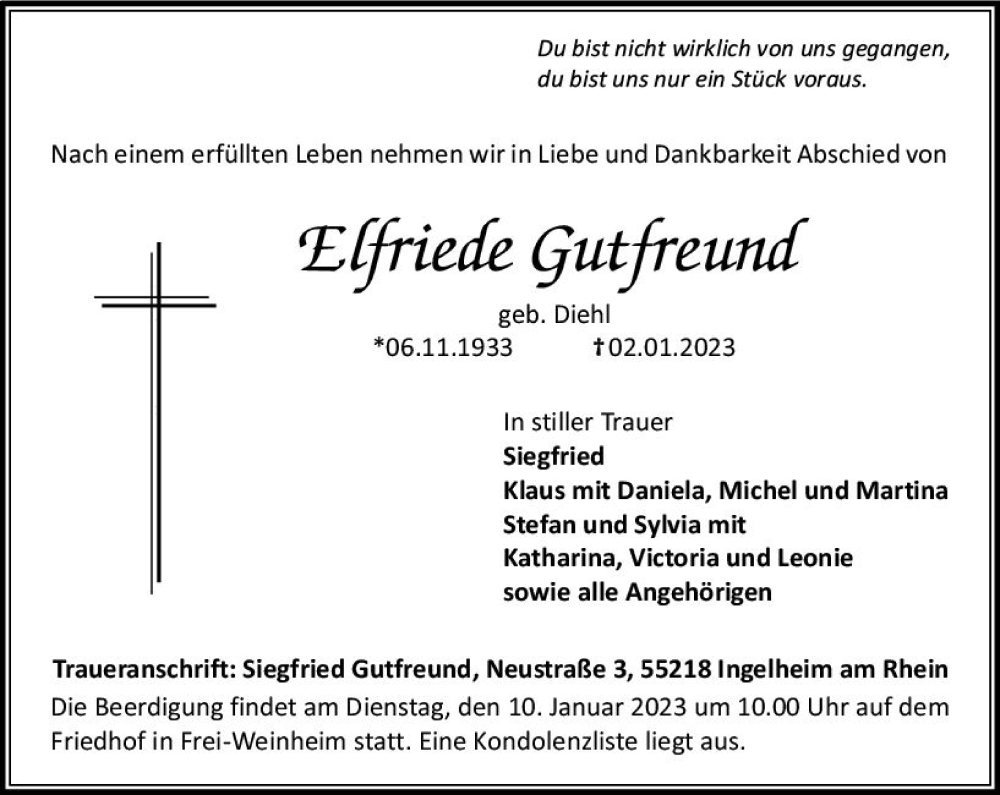  Traueranzeige für Elfriede Gutfreund vom 07.01.2023 aus vrm-trauer Allgemeine  Zeitung Ingelheim-Bingen