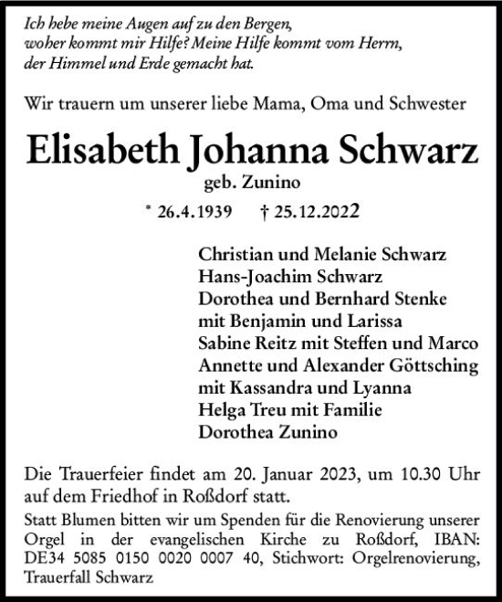 Traueranzeige von Elisabeth Johanna Schwarz von vrm-trauer Darmstädter Echo