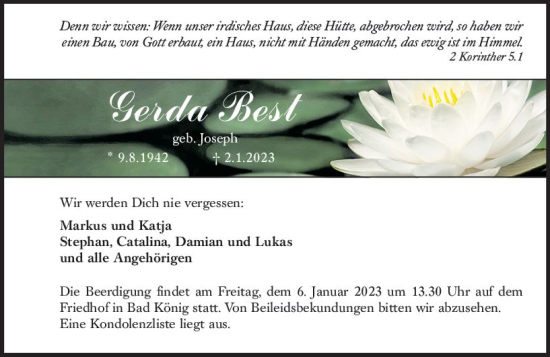 Traueranzeige von Gerda Best von vrm-trauer Odenwälder Echo