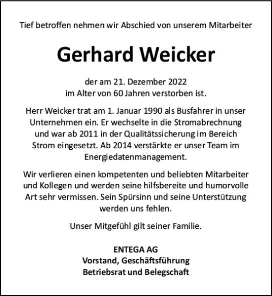 Traueranzeige von Gerhard Weicker von vrm-trauer Odenwälder Echo