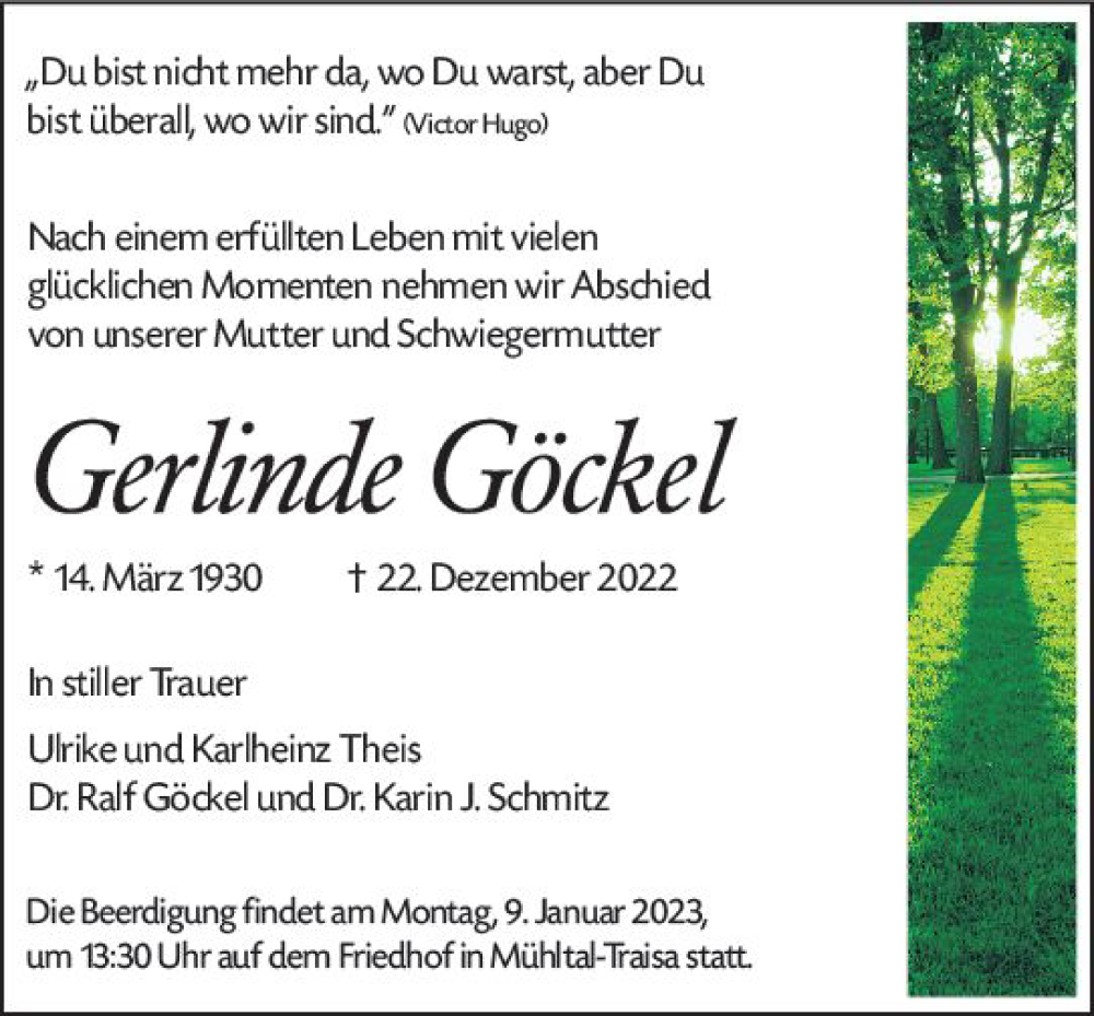  Traueranzeige für Gerlinde Göckel vom 07.01.2023 aus vrm-trauer Darmstädter Echo