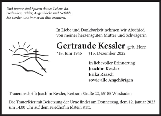 Traueranzeige von Gertraude Kessler von vrm-trauer Wiesbadener Kurier