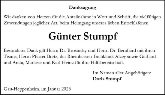 Traueranzeige von Günter Stumpf von vrm-trauer Allgemeine Zeitung Alzey