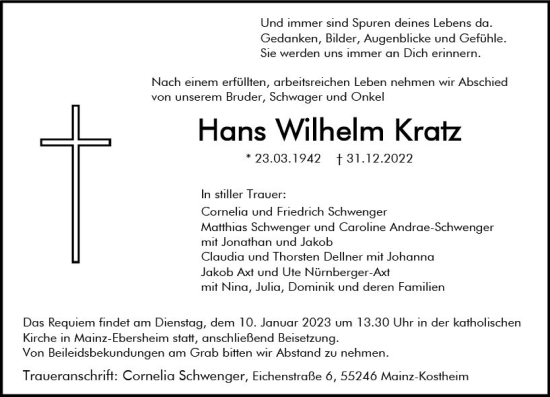 Traueranzeige von Hans Wilhelm Kratz von vrm-trauer Allgemeine  Zeitung Ingelheim-Bingen