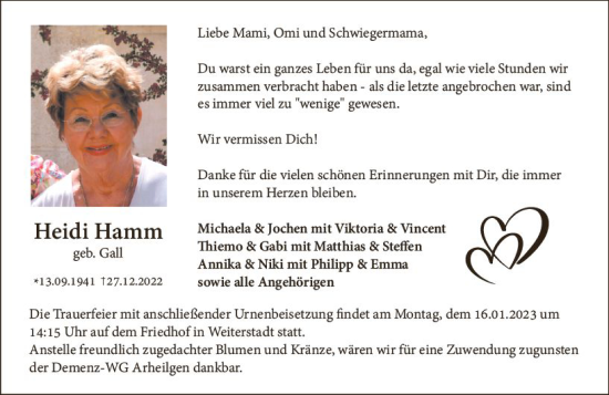 Traueranzeige von Heidi Hamm von vrm-trauer Darmstädter Echo