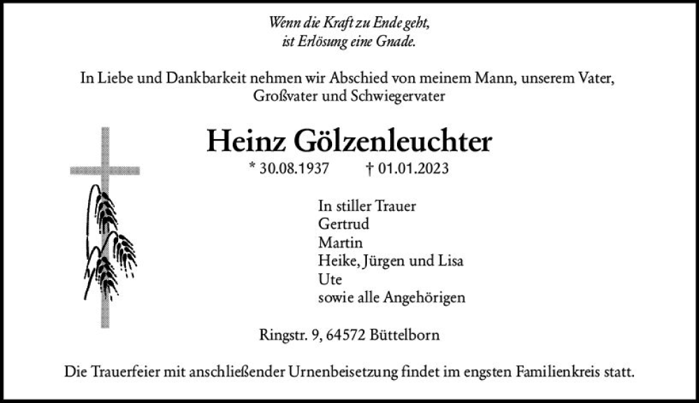  Traueranzeige für Heinz Gölzenleuchter vom 11.01.2023 aus vrm-trauer Groß-Gerauer Echo