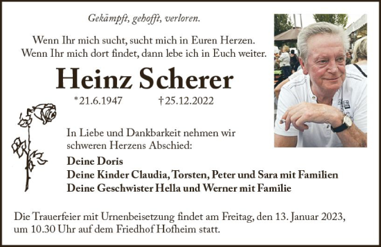Traueranzeige von Heinz Scherer von vrm-trauer Wormser Zeitung