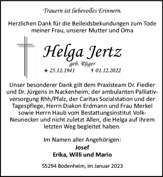 Traueranzeige von Helga Jertz von vrm-trauer AZ Mainz