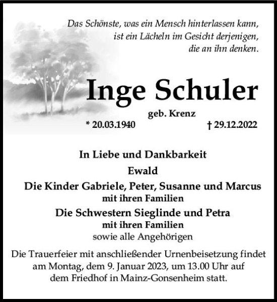 Traueranzeige von Inge Schuler von vrm-trauer AZ Mainz