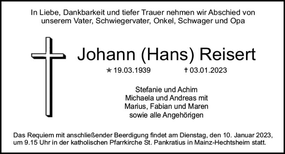  Traueranzeige für Johann Reisert vom 07.01.2023 aus vrm-trauer AZ Mainz