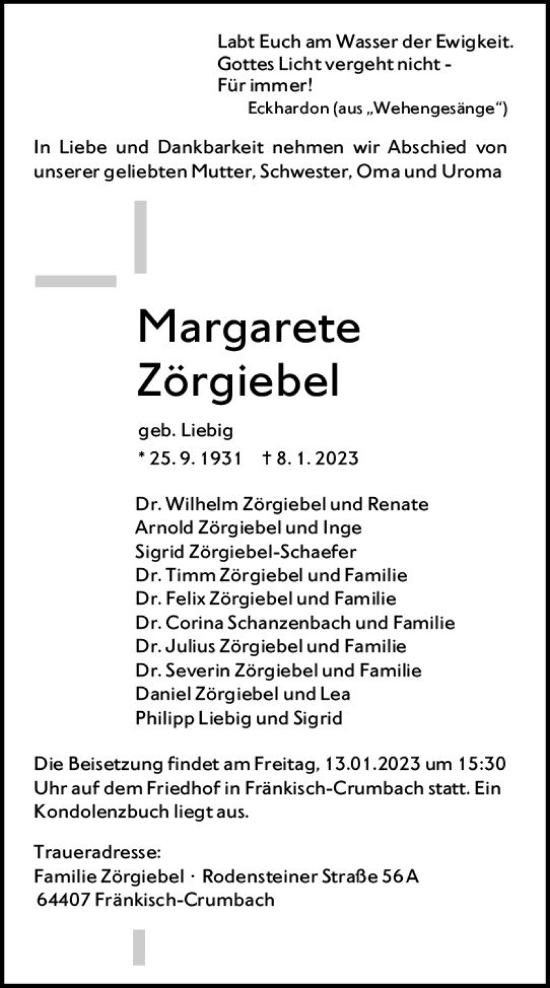Traueranzeige von Margarete Zörgiebel von vrm-trauer Odenwälder Echo