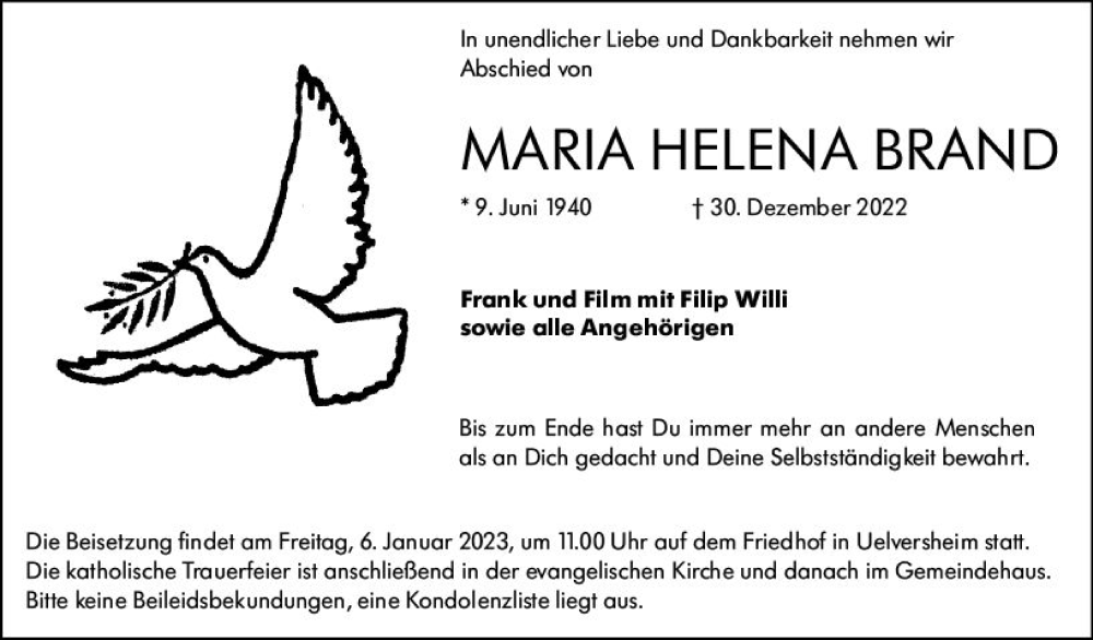  Traueranzeige für Maria Helena Brand vom 04.01.2023 aus vrm-trauer AZ Mainz