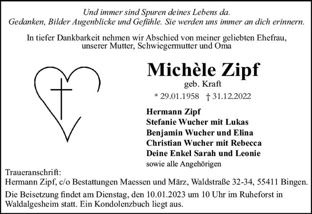  Traueranzeige für Michele Zipf vom 07.01.2023 aus vrm-trauer Allgemeine  Zeitung Ingelheim-Bingen
