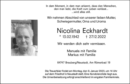Traueranzeige von Nicolina Eckhardt von vrm-trauer Odenwälder Echo