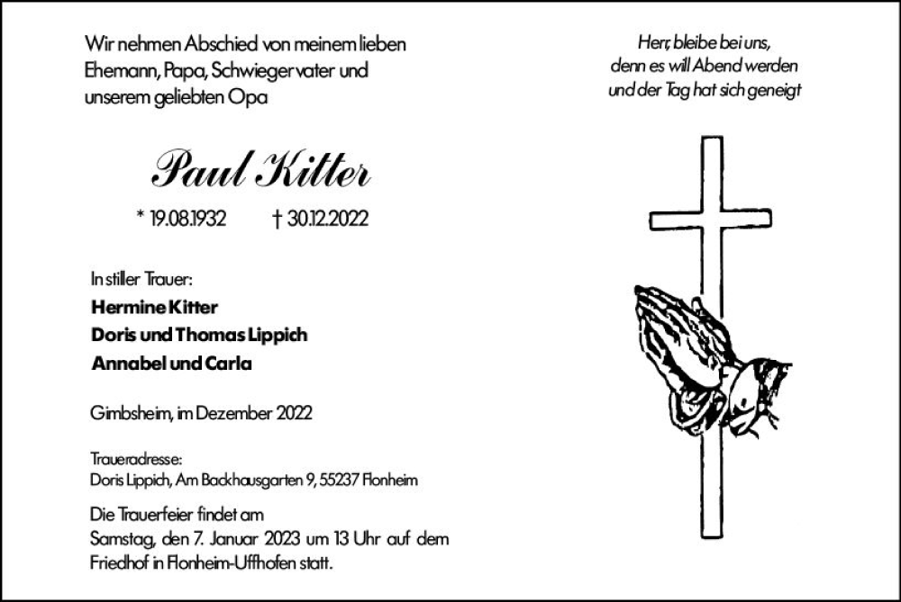  Traueranzeige für Paul Kitter vom 05.01.2023 aus vrm-trauer Allgemeine Zeitung Alzey