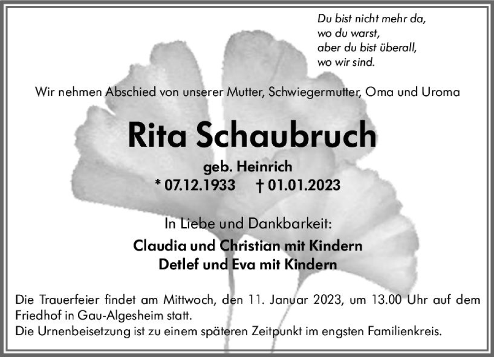  Traueranzeige für Rita Schaubruch vom 07.01.2023 aus vrm-trauer Allgemeine  Zeitung Ingelheim-Bingen