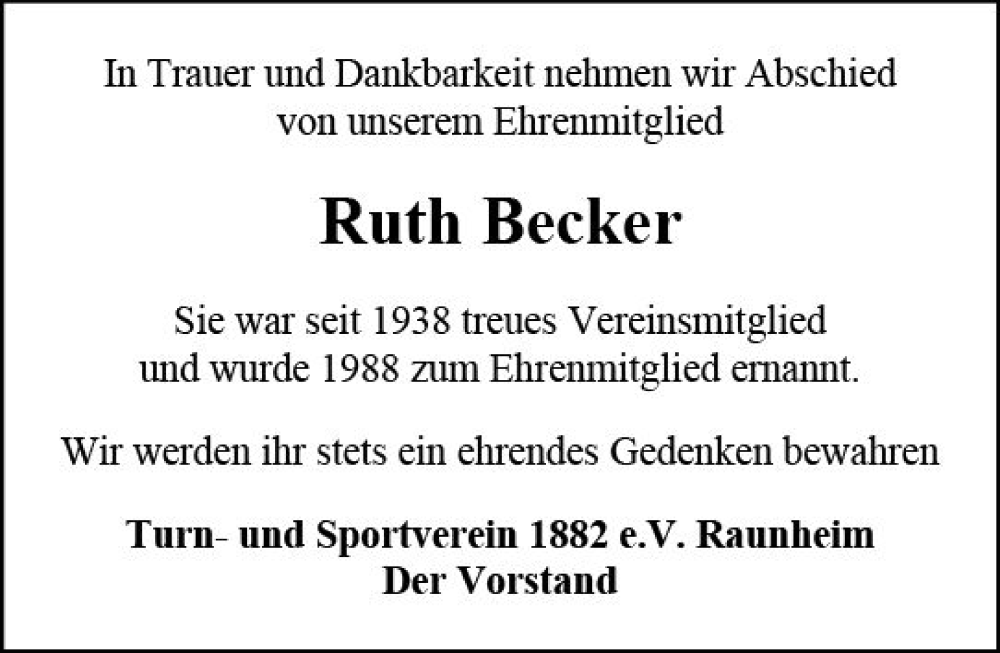  Traueranzeige für Ruth Becker vom 07.01.2023 aus vrm-trauer Rüsselsheimer Echo / MainSpitze