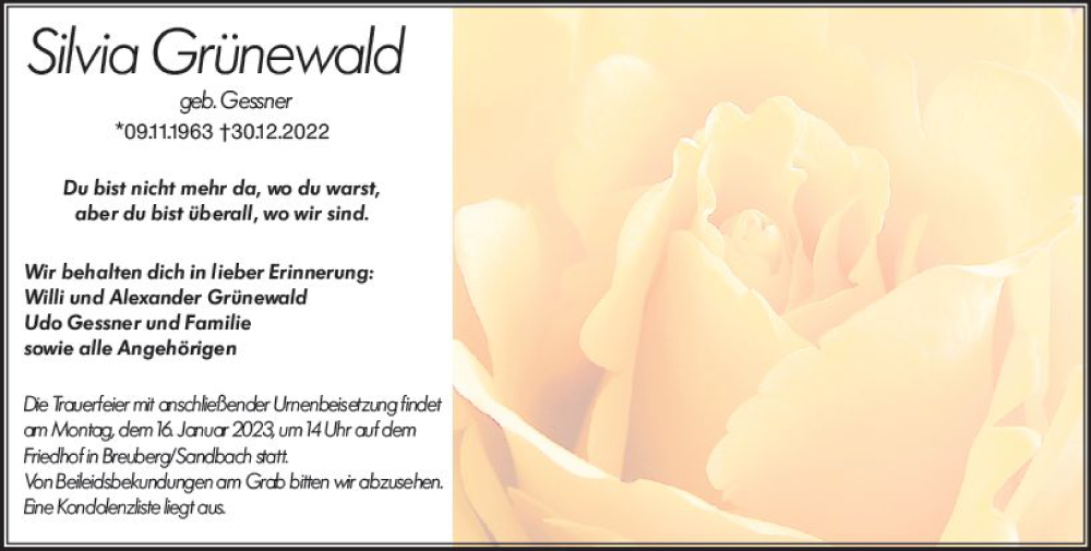  Traueranzeige für Silvia Grunewald vom 07.01.2023 aus vrm-trauer Odenwälder Echo