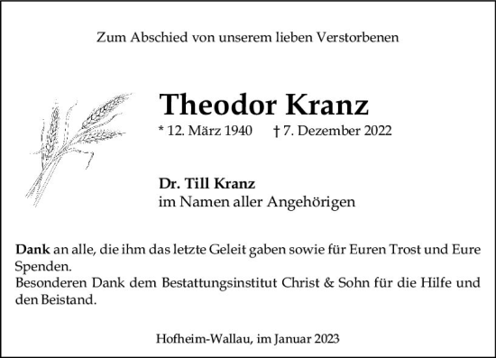 Traueranzeige von Theodor Kranz von vrm-trauer Wiesbadener Kurier