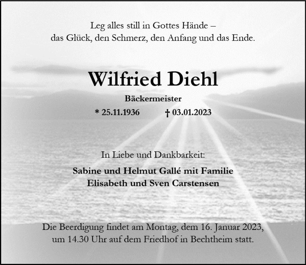  Traueranzeige für Wilfried Diehl vom 07.01.2023 aus vrm-trauer Wormser Zeitung