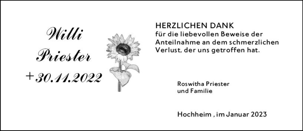  Traueranzeige für Wilhelm Priester vom 06.01.2023 aus vrm-trauer Hochheimer Zeitung