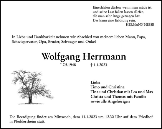 Traueranzeige von Wolfgang Herrmann von vrm-trauer Wormser Zeitung